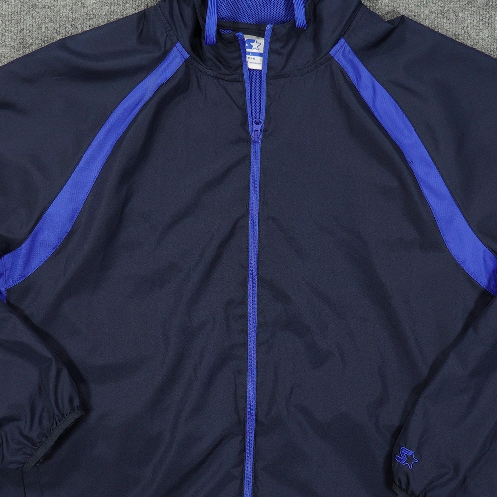 Starter Jacket Mens Large Navy Blue Royal Blue Hooded Mesh Lined Windbreaker Zip - Picture 2 of 9